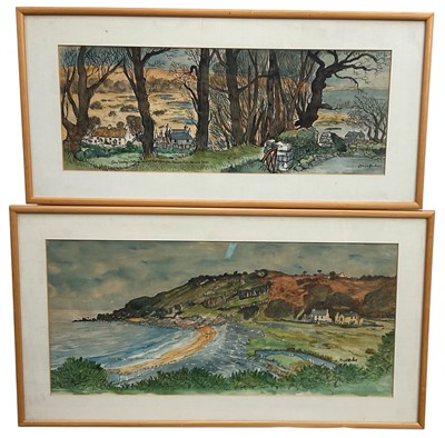 Lot 161 - David Hawkins, 20th Century, Pair of Welsh watercolours, Pwildu Bay, near Swansea and John Wesley's Cottage and Post Office from Oxwich Hill, Oxwich, Gower, signed, 28 x60cm and 20 x 55cm, in gl...