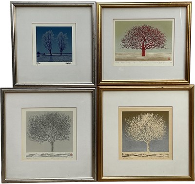Lot 9 - Four contemporary Japanese limited edition prints of Trees, Three woodblocks by Kaneko Kunio (b.1949), two 18 x 18cm, one 15.5 x 20cm and one silkscreen print by Shimura Hiroshi 13.5 x 14.5cm, a...