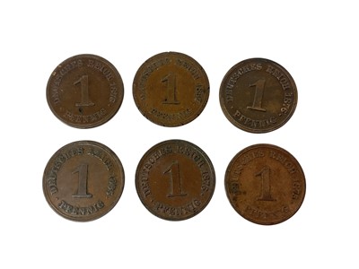 Lot 541 - Germany - Mixed scarce copper pfennig coins to include 1875H (Mint-Darmstadt) GVF, 1876c (Mint-Frankfurt) GEF, 1876G (Mint-Karlsruhe) GVF 1876H (Mint-Darmstadt) GF, 1885E (Mint-Dresden) F &...