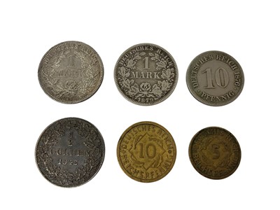 Lot 542 - Germany - Mixed coinage to include silver Bavaria ½ Gulden 1842 GF-AVF, Empire silver marks 1879A (Mint-Berlin) VG (Very scarce), 1914J (Mint-Hamburg) GVF-AEF, copper nickel 10 pfennig 1876H (Mi...