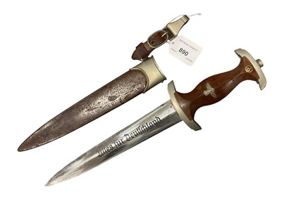 Lot 890 - Second World War Nazi 1933 Model S.A. dress dagger, the blade etched 'alles für Deutschland', by Gebrüder Heller, Schmalkalden, in original scabbard (chape missing), with nickel and leather hanger.