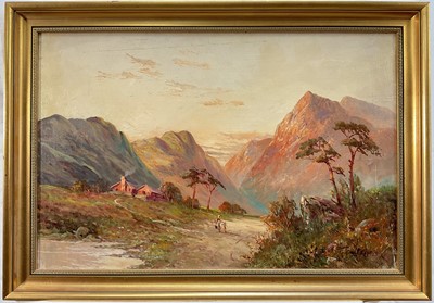 Lot 215 - Francis E Jamieson (1895-1950) highland landscape with figures at dusk, oil on canvas, 41cm x 61cm