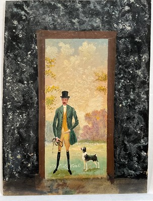 Lot 311 - Folk Art oil on panel depicting a hunting gentleman and his terrier, 37cm x 28cm, unframed