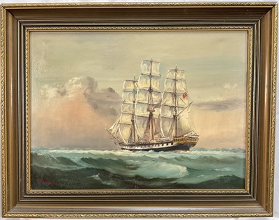 Lot 324 - English School, 20th century oil on canvas of a ship, signed 'D. Pring', 45cm x 60cm in gilt frame