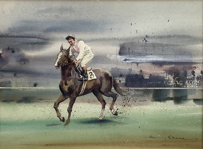 Lot 323 - Harry Sheldon (1923-2002) watercolour - The Winner, signed, 30cm x 41cm, in glazed frame Provenance: The Mall Galleries