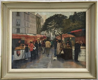 Lot 41 - Rachel Anne Le Bas (1923-2020) oil on canvas - A Paris Street Market, Dusk, Mall Galleries, New English Art Club label verso, 50cm x 65cm, framed