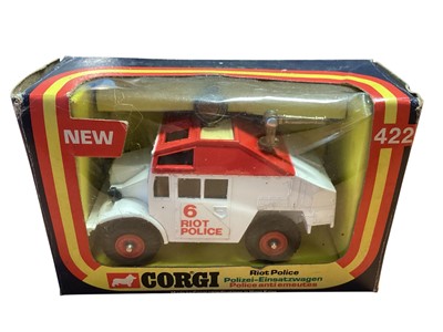 Lot 1919 - Corgi Chitty Chitty Bang Bang, with window box 05301, Only Fools & Horses Reliant Regal (x2), Concorde 1:400 Scale Two Piece Set GJBAW443 and (c1977) Riot Police, boxed 422 (5)