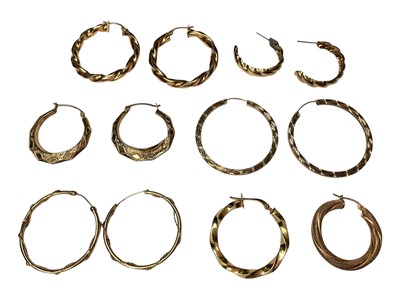 Lot 90 - Five pairs of 9ct gold hoop earrings and two odd 9ct gold hoop earrings