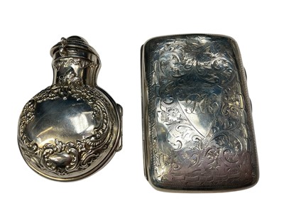 Lot 92 - Silver perfume bottle case containing a glass bottle and an Edwardian silver cigarette case (2)