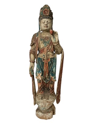 Lot 843 - Large Chinese polychrome panted carved wood figure of Guanyin