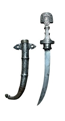 Lot 908 - Early 20th century Khanjar dagger with ornately decoration applied copper and silver decoration to scabbard and hilt, the blade 23cm in length.