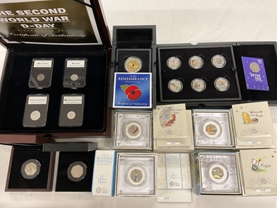 Lot 566 - World - Mixed coinage to include Royal Mint silver coloured proof 50p's, 2020 Winnie The Pooh. Christopher Robin & Piglet (N.B. All cased with Certificates of Authenticity), Jersey silver pr...