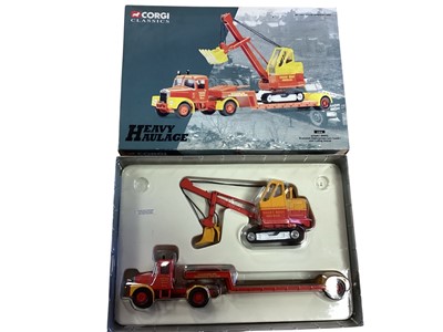 Lot 1931 - Corgi Classics Heavy Haulage 1:50 Scale diecast Short Bros. Scammell Highwayman Low Loader with Luffing Shovel, boxed #31010, Chris Miller AEC Ergomatic Articulated Scammell Highwayman Crane and...
