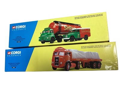 Lot 1933 - Corgi Classics diecast Shell/BP Bedford S Type Articulated Cylindrical Tanker and Land Rover Set #31005, Suttons of St Helens Atkinson Tractor Unit with Flat Trailer #28001, Power Petroleum Leyl...