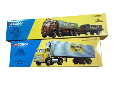 Lot 1934 - Corgi Classics 40th Anniversary diecast FB Atkins, Atkinson 8 Wheel Truck & Trailer with Load Set #27601, Michelin Leyland Beaver Box Trailer Set #24701, Bulwark Transport Ltd, Atkinson Cyli...