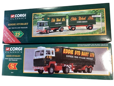 Lot 1942 - Corgi Classics Eddie Stobbart 1:50 Scale diecast road transport models including AEC Truck & Trailer #97369, Ford Transcontinental Tilt Trailer #23101 and five others #31701, #31704, #25102,...
