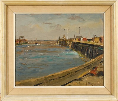 Lot 1201 - *Rowland Fisher (1885-1969) oil on board - Gorleston Pier, signed, dated 1956 verso, 24cm x 29cm, framed