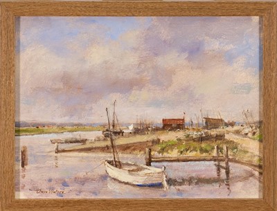 Lot 1207 - Owen Waters (1916-2004) oil on board - Moored boats on the river bank, possibly, signed, 22cm x 29.5cm, framed
