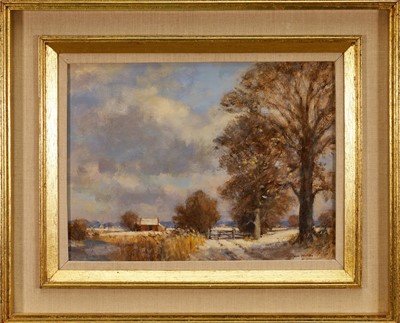 Lot 1139 - Owen Waters (1916-2004) oil on board - Winter Landscape, Norfolk, signed, 31cm x 41cm, in gilt frame