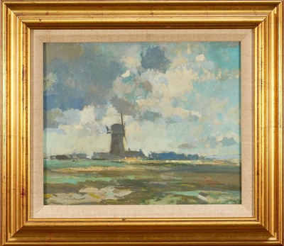 Lot 1203 - *Stanley Orchart (1920-2005) oil on board - Norfolk Mill, Evening, signed, titled verso, 24cm x 29cm, in gilt frame