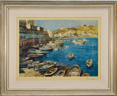 Lot 1164 - *Edward Seago (1910-1974) lithograph, Ponza Italy, signed below in pencil, with blind stamp, pub. 1960 Frost & Reed, 46cm x 63cm, glazed frame