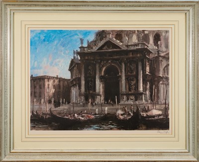Lot 1163 - *Edward Seago (1910-1974) lithograph, Gondolas Venice, signed in pencil, with blind stamp, pub. 1964 by Frost & Reed, 52cm x 72cm, glazed frame