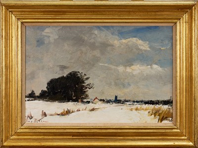 Lot 1104 - *Roy Petley (b.1950) oil on board - Snow over Norfolk, signed, titled and dated '79 verso, 31cm x 46.5cm, in gilt frame