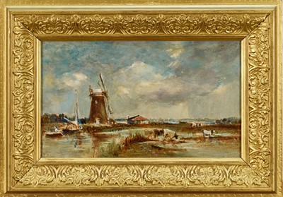 Lot 1364 - *Arthur Edward Davies (1893-1988) oil on board - Horsey Mill, Great Yarmouth, signed, 14.5cm x 25cm, in gilt frame