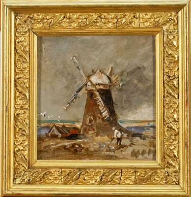 Lot 1363 - *Arthur Edward Davies (1893-1988) oil on board - Blakeney Mill, Norfolk, signed, 12.5cm square, in gilt frame