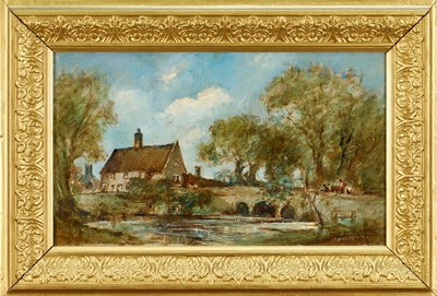 Lot 1365 - *Arthur Edward Davies (1893-1988) oil on panel - The Bridge Pool, Ling, Nr. Norwich, signed, 18.5cm x 31.5cm, in gilt frame