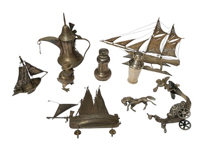 Lot 200 - 1930s novelty miniature silver cocktail shaker, novelty miniature silver bird pepperette, three silver / white metal model ships, Eastern style small silver teapot and other items