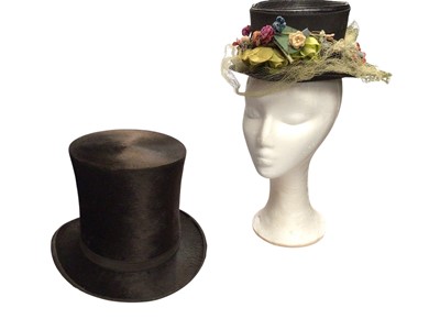 Lot 2600 - Victorian Black Stove top hat in top hat box, Victorian women's black straw hat with silk and velvet flowers plus a black ostrich boa with tassel ends.