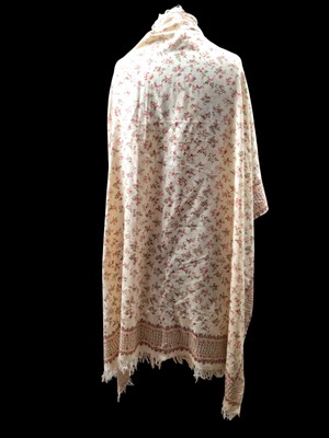 Lot 2601 - 19th century chintz printed silk shawl, velvet pouch with embroidered panels plus a pair of heavy linen unlined curtains in a classical cornucopia design ( one cut has been cut down but both pie...