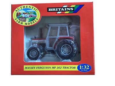 Lot 1953 - Britains 1:32 scale diecast farm vehicles including Ford 2120 Tractor #9495, Massey Ferguson MF362 Tractor #9502, Massey Ferguson 130 Seed Drill #9577, Ploughs #9546 and Manure Spreader #9549, a...