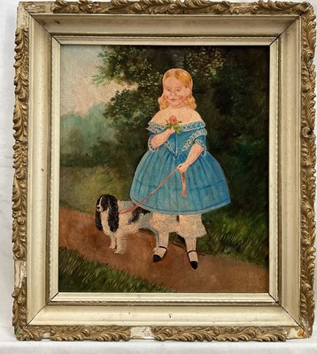 Lot 95 - Naive English School, oil on board, Girl holding a posy with pet Spaniel, Framed, 34cm x29cm.
