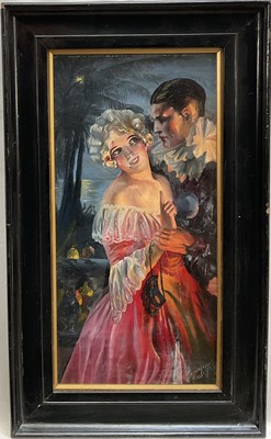 Lot 268 - E. Etherington, oil on board, Dancing by Moonlight, signed and dated 1926, 39cm x 19cm, glazed ebonised frame