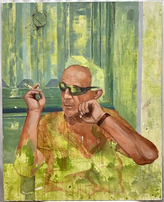 Lot 115 - Contemporary acrylic on canvas, Man wearing sunglasses, 127cm x 102cm, unframed