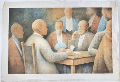 Lot 212 - Olivier Raab (b. 1955) print, Men playing cards, signed below in pencil, 50cm x 79cm, unframed