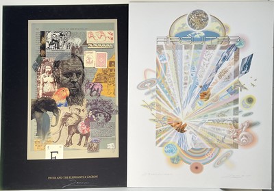 Lot 276 - *Richard Drew, known as Zacron (British, 1943-2012) two limited edition signed prints on card, A Tribute to Eric Clapton, 4/500 and Peter and the Elephants, 88cm x 67cm
