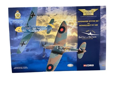 Lot 1959 - Corgi The Aviation Archive 1:72 scale diecast fighter & biplane Military aircraft Supermarine Spitfire Mk1 & Messerschmitt Bf 109E #49505, Mitsubishi zero AA33102, P51D Mustang #49301, M...