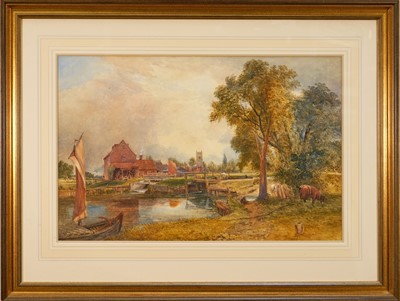 Lot 1377 - Circle of John Constable RA watercolour - Dedham Lock and Mill, 1820, 48cm x 74cm, mounted in glazed gilt frame The present watercolour depicts a mill that belonged to John Constable's fa...