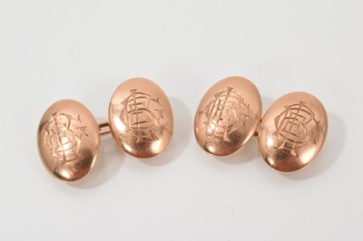 Lot 477 - Pair of antique 9ct gold cufflinks with engraved gothic monograms, London 1920.