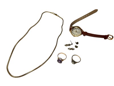 Lot 176 - 18ct gold chain, 9ct gold gem set ring, pair of silver and gold earrings, purple stone ring in yellow metal setting and a Sekonda wristwatch
