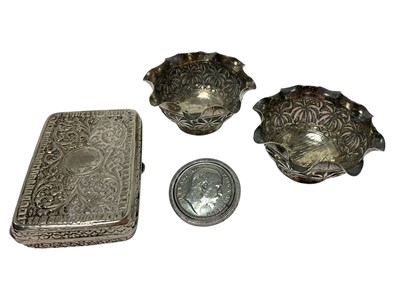 Lot 213 - Indian white metal cheroot case, silver one Rupee coin and two Indian white metal salts