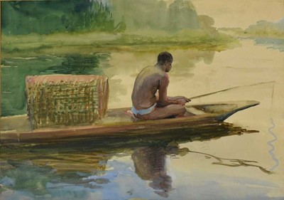 Lot 304 - *Gerald Spencer Pryse (1882-1956) watercolour - Fisherman Oluwa River, 38.5cm x 54cm, titled verso, unframed