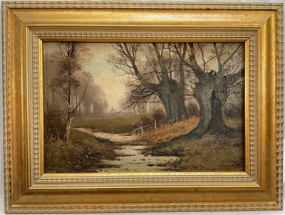 Lot 305 - Mark Fisher (1841-1923) oil on canvas, near Windsor Forest, inscribed and dated 1894 verso, in gilt frame. 19 x 29cm.