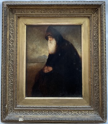 Lot 303 - Howson Rutherford Foulger, late 19th century oil on board - a seated monk, in gilt frame, 24cm x 20cm Exhibited: The National Artistic Union Exhibition