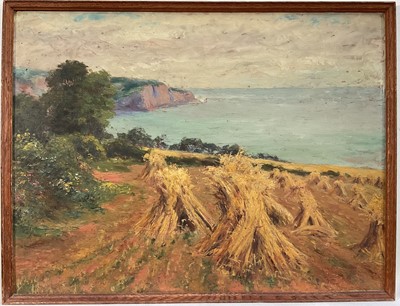 Lot 306 - 20th century English school oil on board, study of cliff top haystacks overlooking the sea, 30cm x 40cm, framed