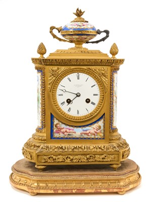 Lot 652 - Good quality Mid 19th century French ormolu mantel clock with Sèvres-style porcelain panels