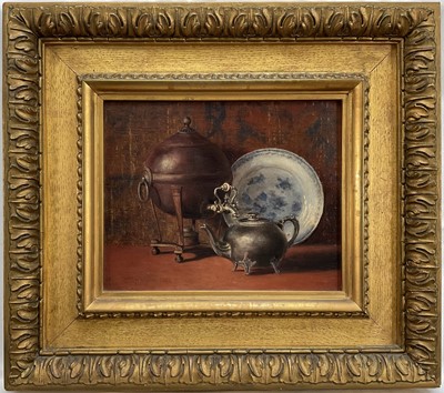 Lot 1194 - E. T. Adams, Victorian, oil on canvas board, still life, signed and dated 1896, 19cm x 24cm, gilt frame